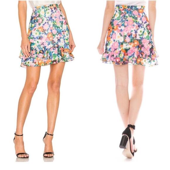 Saloni Cece Floral Print Mini Ruffle Skirt in Pink Rosette Size US 2 - Picture 1 of 5